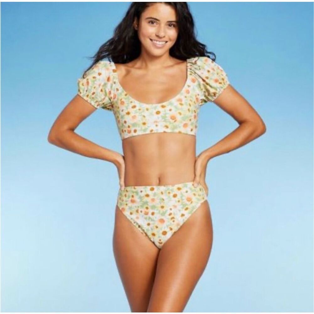Wild Fable Green and Yellow Daisy Love Bikini Bottoms New Size X 14/16 New